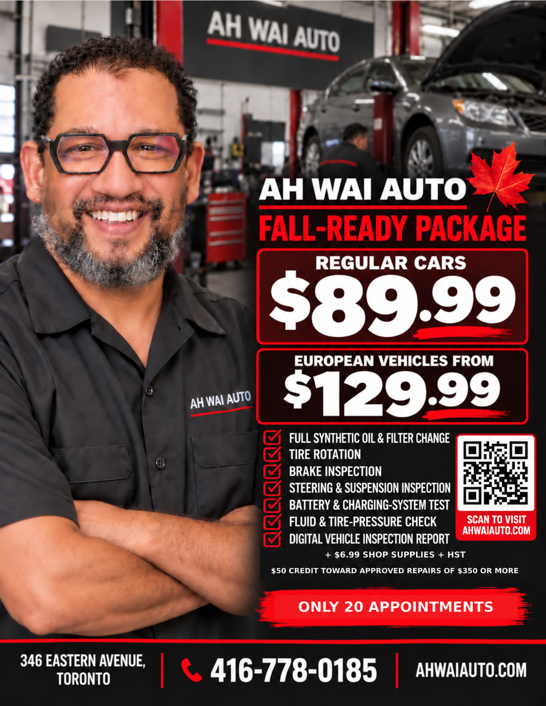 Ah Wai Auto Fall-Ready Package – regular cars $89.99, European vehicles from $129.99